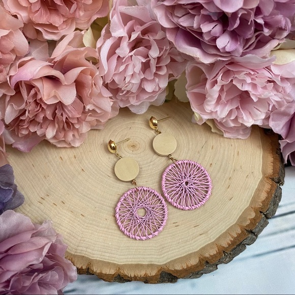 Boho Wood Woven Pink Dream Catcher Earrings - Picture 9 of 14